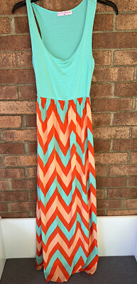 Pink Lily Tank Top Maxi Dress Mint Green w/Orange/Pale Peach/Green Chevron Small
