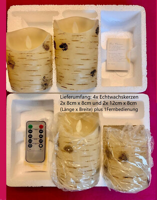 Premium-Edition 4 LED Echtwachskerzen Design Birke + FB mit Timer warm weiß