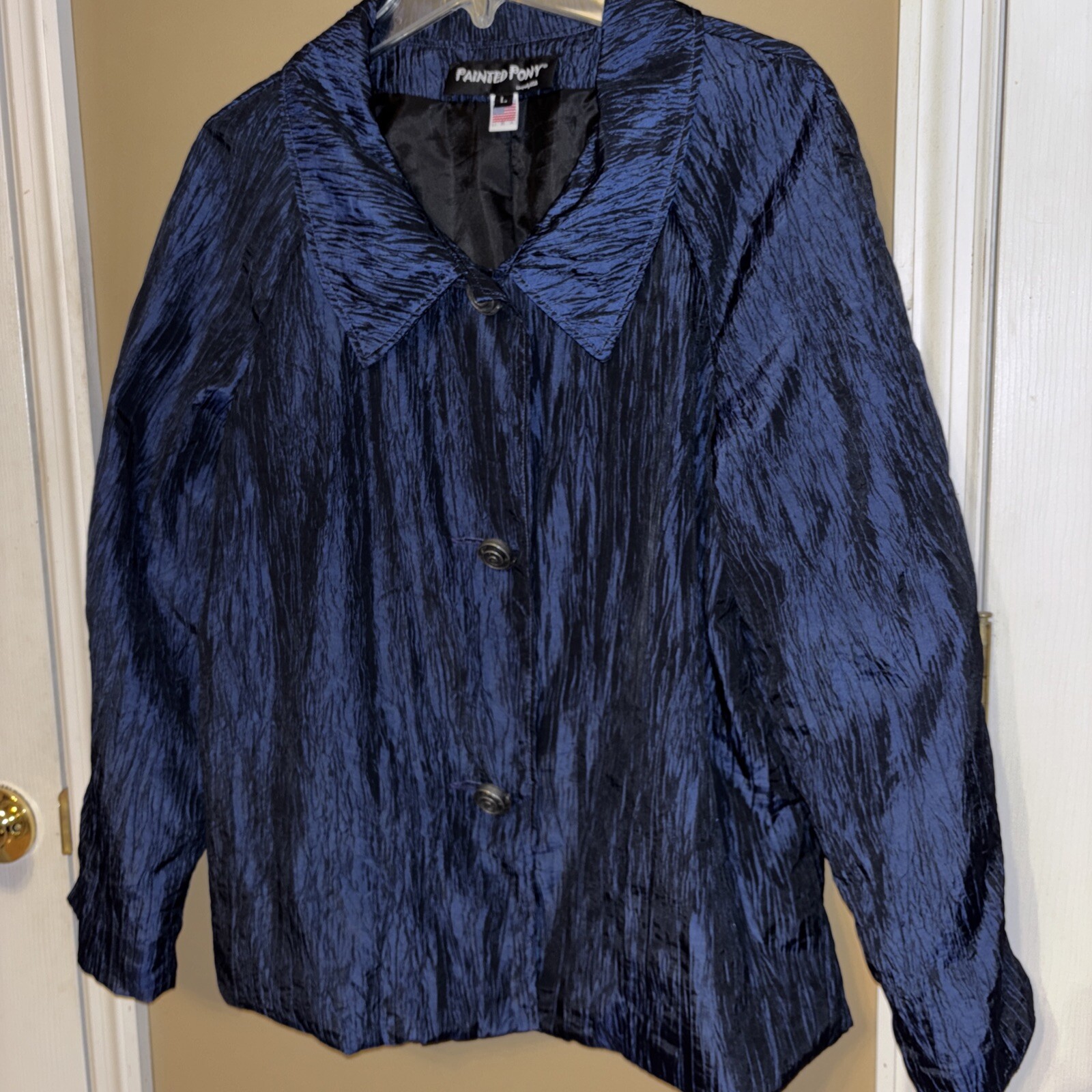 Giacca Painted Pony USA Taglia L Navy Nera Iridescente Artsy Swirl Bottone Pieghettato