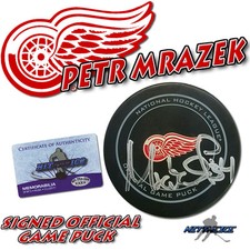 PETR MRAZEK Signed DETROIT RED WINGS OFFICIAL GAME Puck w/COA HOLOGRAM