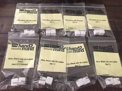 new ETA HAND2MIND SET of 2 die BLANK white DICE with 50 LABELS (8 SETS)