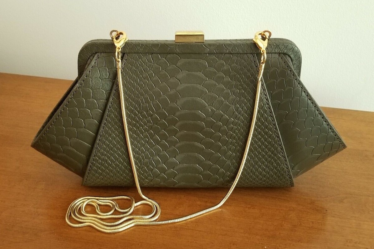 NWOT Zac Posen Leather Hand Bag - Dark Green Snake Embossed  Zac Posen gold leather clutch main image 0