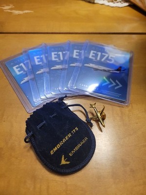 Embraer E175 Five Trading Cards And Velvet Pouch With Airplane Pin Lot