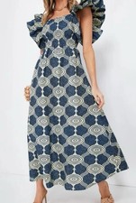 Elisamama Sola Dress Women’s XL Blue Cream Ankara Cotton Maxi Dress Pockets EUC!