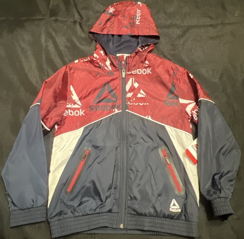 Reebok Jacket Boys M 8 Red Navy Logo Full Zip 100% Polyester Windbreaker Hoodie - Picture 1 of 8