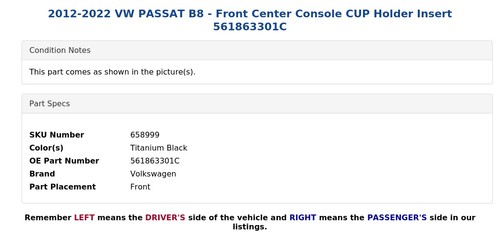 VW PASSAT B8 2012-2022 - Consola central delantera soporte taza inserto 561863301C - Imagen 4 de 5