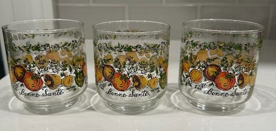 3 Spice Of Life Bonne Sante Vegetable Juice Glasses Corning Corelle 9oz 3.25 