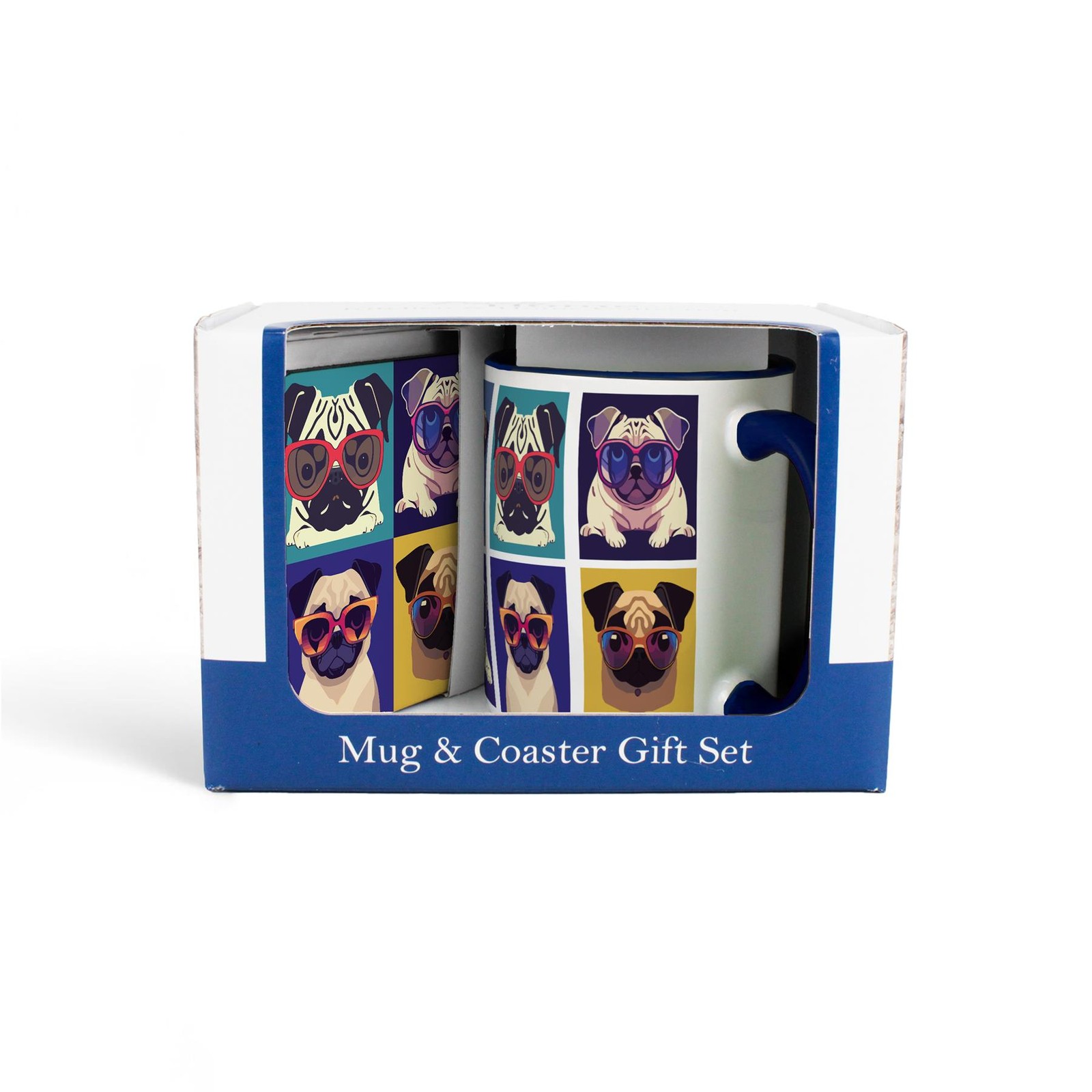 Retro Pug Mug & Coaster Gift Set - Ceramic/Cork Present for Dog Lovers