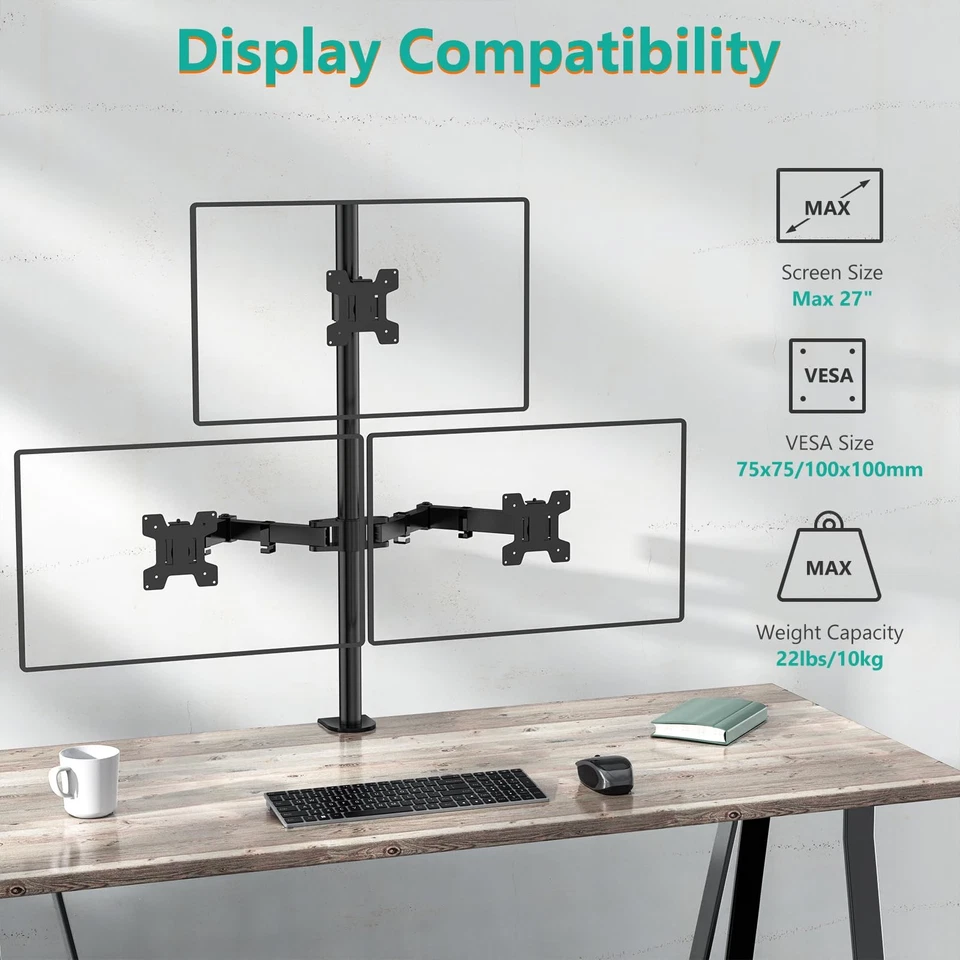 Triple Monitor Mount for 13-27 inch Computer Screens, 3 Monitor Desk Mount, H... - Image 3 of 4