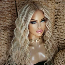 22" Platinum Blonde with Ash Brown Wavy Highlight Human Hair Lace Front Wigs