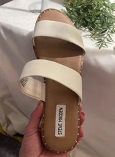 + Steve Madden Ivara Leather Slide Sandals Size 9M White Studded Trim Women’s +