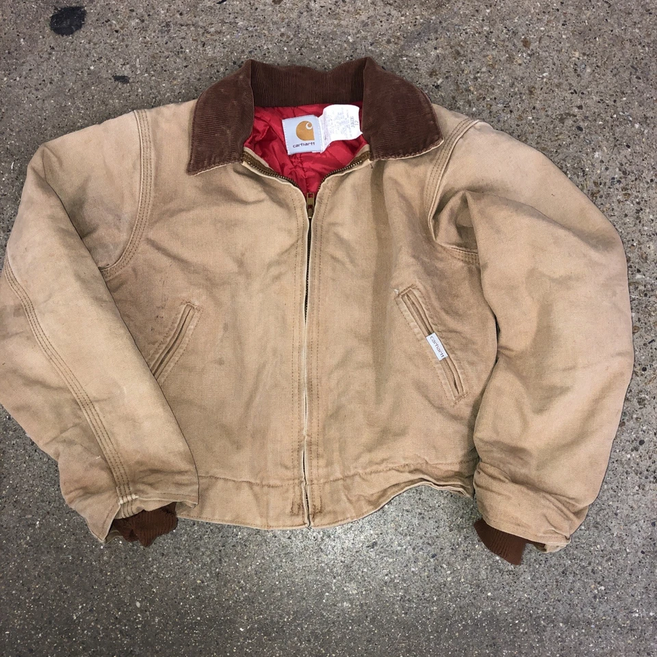 Vintage 90's Carhartt JQ606 Boys Detroit Duck Canvas Red Lined Jacket USA Made - Image 3 of 4