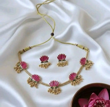 Lotus Design South India Necklace Earring Jewelry Statement Woman Wear Choker