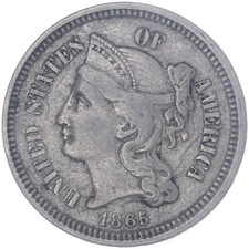 1865 (P) Three Cent Nickel Extra Fine XF See Pics P354