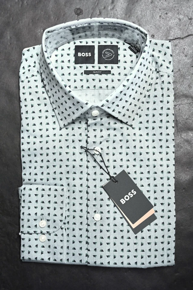 Hugo Boss Men's Hank Kent Slim Fit Open Green Spotted Cotton Dress Shirt 42 16.5 - Image 2 of 4