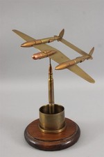 Antique WWII Trench Art Lockheed P-38 Fighter Airplane Sculpture NR