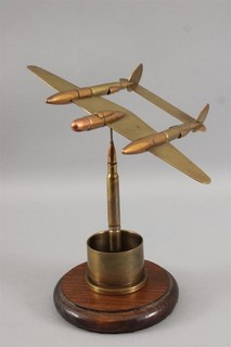 Antique WWII Trench Art Lockheed P 38 Fighter Airplane Sculpture NR