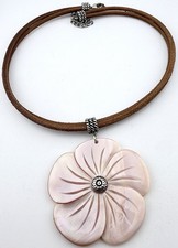 CAROLYN POLLACK RELIOS 925 MOTHER OF PEARL FLOWER LEATHER 19” NECKLACE K339D