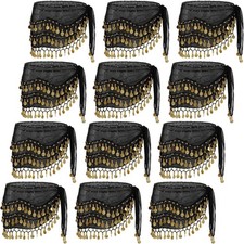 12 Pcs Black Belly Dance Hip Skirt Scarf Wrap Belt Hipscarf with Gold Coins Gift