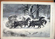 Original Old Antique Print 1883 Horses Carriage Struggling Snow Drift Victorian