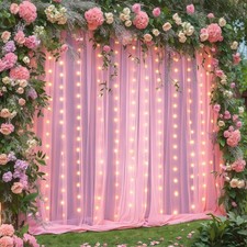 10 10ft Pink Tulle Backdrop Curtain with Lights String for Parties Sheer Phot...