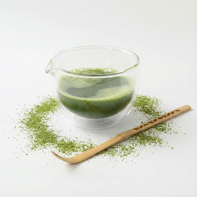 Glass Matcha Bowl with Spout + Bamboo Scoop Leaf Pattern   16 oz