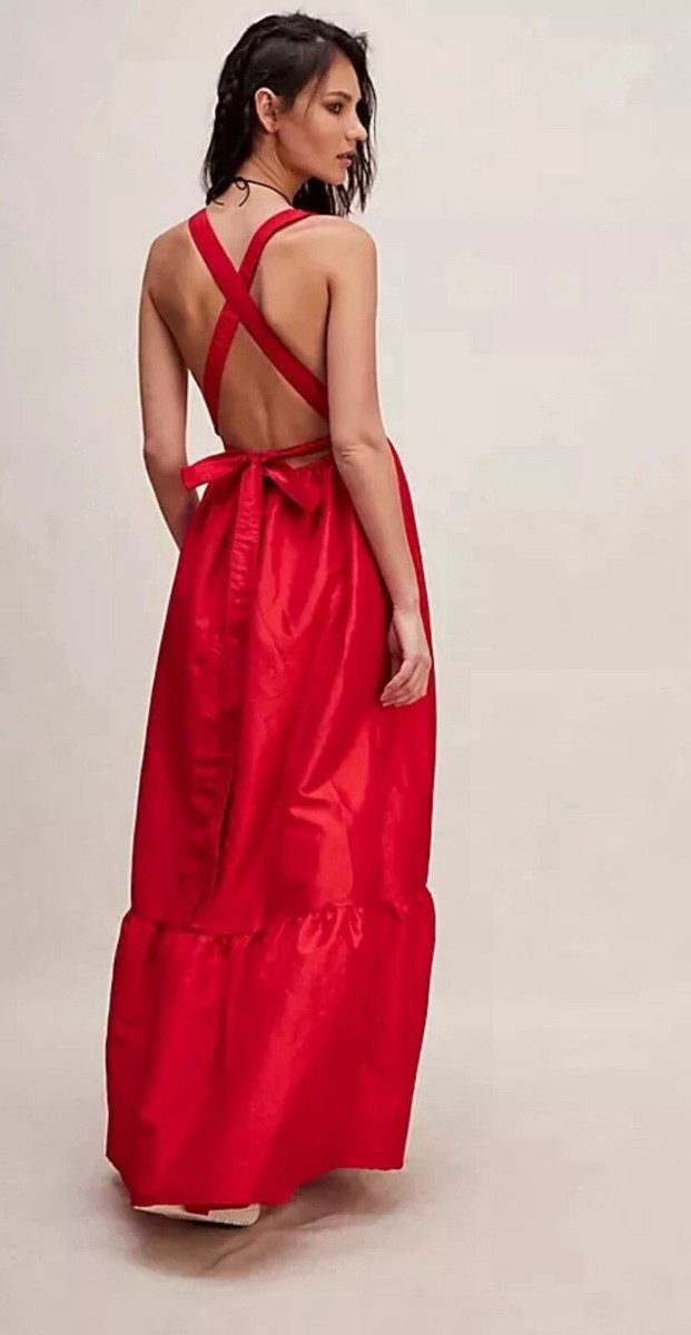 Free People NWT Red Taffeta Maxi Gown L  Valentine's Day Backless Strappy  Dress | eBay