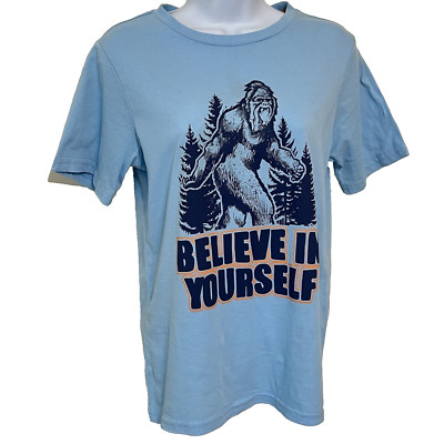 There Abouts - Juniors Light Blue Believe in Yourself Bigfoot Humor Tee Shirt M