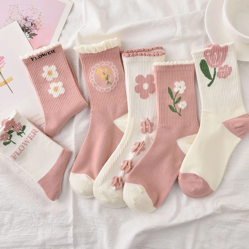Lote de 5 pares de calcetines de algodón para mujeres niñas cálidos flores informales calcetines 6-9 Foto 2 de 4