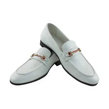 Men's White Leather Slip On Gold Buckle Dress Shoes Loafers Formal By AZARMAN