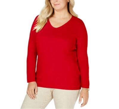 Karen Scott Womens Plus 0X Red Amore V Neck Textured Knit Tunic Sweater NWT I13