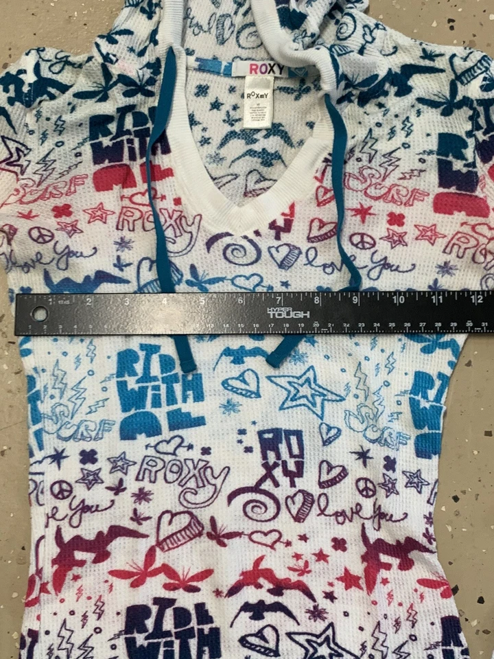 Camisa De Colección Roxy Mujeres XS Con Capucha Tejido Waffle Colorido Estilo Graffiti Azul Rosa Foto 2 de 4
