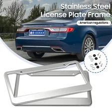 Silver Stainless Steel License Plate Frame Tag Cover Metal With Screw Caps US