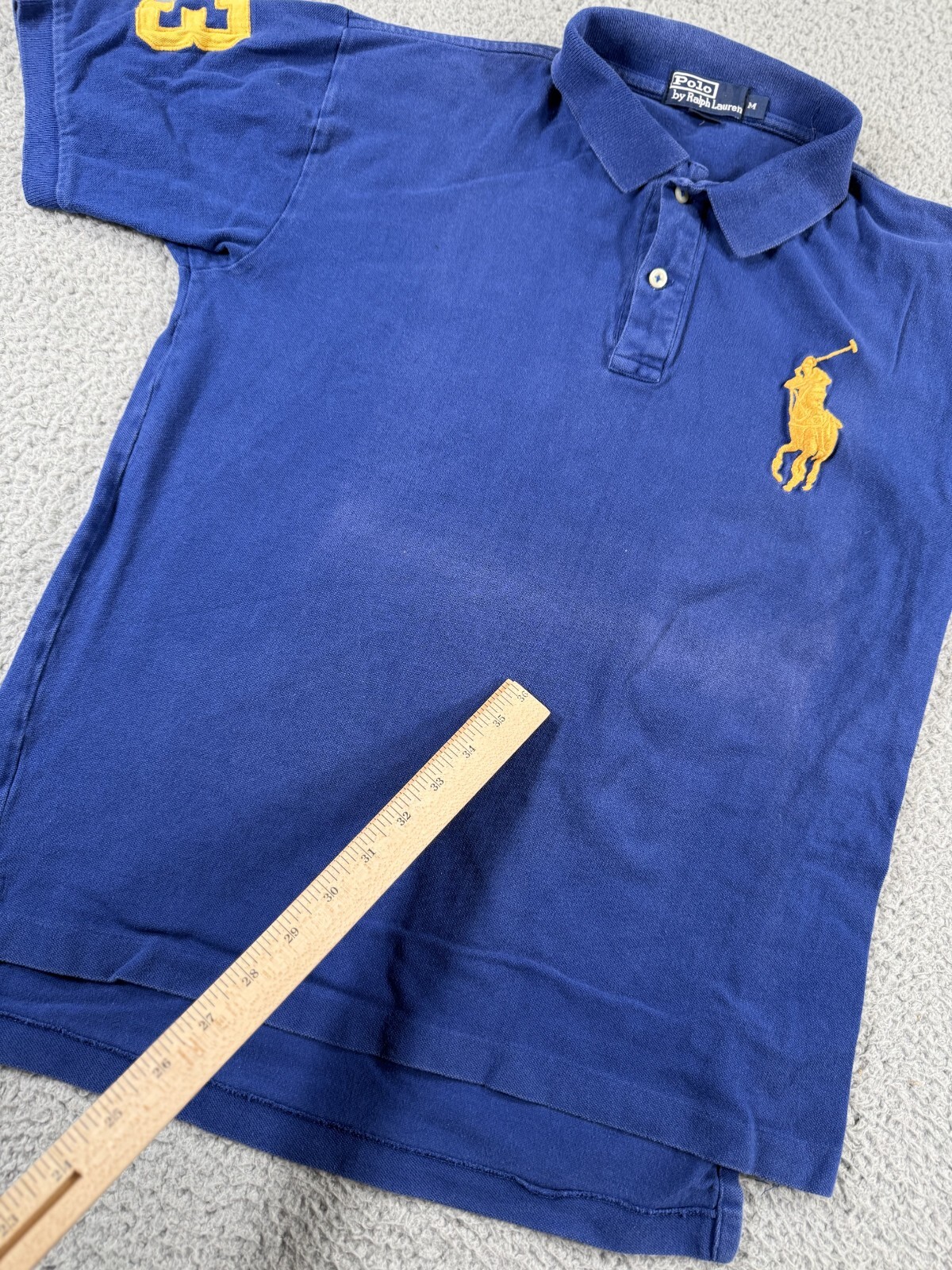Polo Ralph Lauren camicia uomo blu medio giallo grande pony #3 manica corta logo
