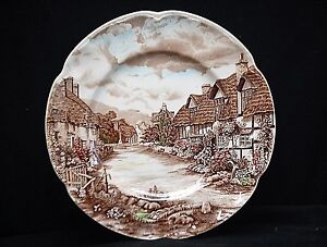 Vintage-Dinner Plates-Salad Plates-Bread Plates-Sauce Dish-Olde English Countryside-England-Johnson Bros.-Ironstone-Brown-White-Dishware