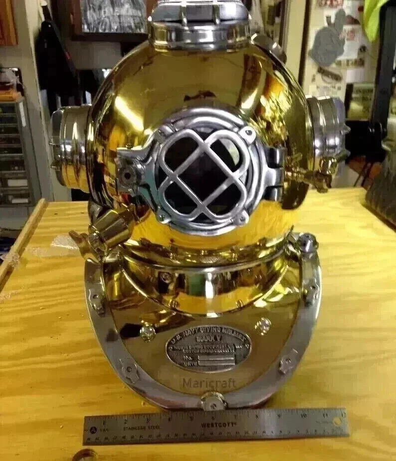Full Size Antique US Navy Brass Divers Diving Helmet Mark V Deep Sea Scuba Gift - Image 3 of 3