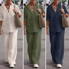 1 Set Trendy Women Summer Suit Two-piece Set Plus Size Casual Outfit Linen Top L