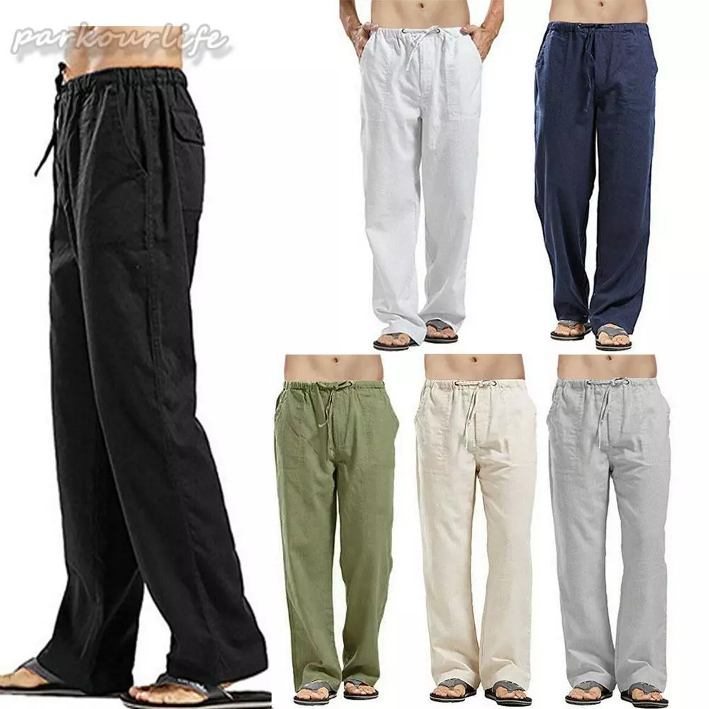 Summer Mens Casual Linen Baggy Pants Soft Cotton Trousers Elastic Waist  Loose UK