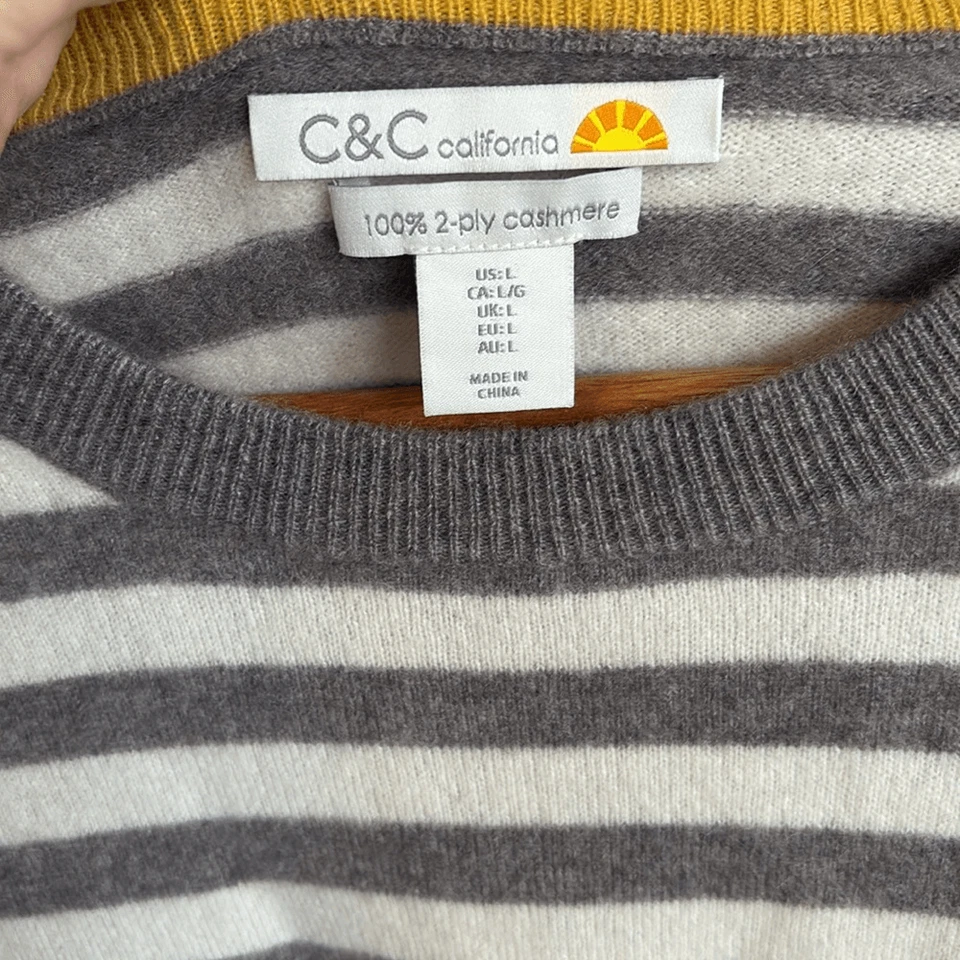 C&C California Cashmere Sweater Women’s Large Ivory Grey Stripe - Image 2 of 4
