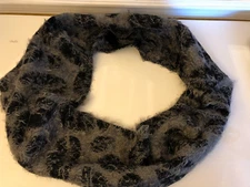 Reversible Soft Eyelash Yarn Black Brown Tan Leaf Infinity Scarf