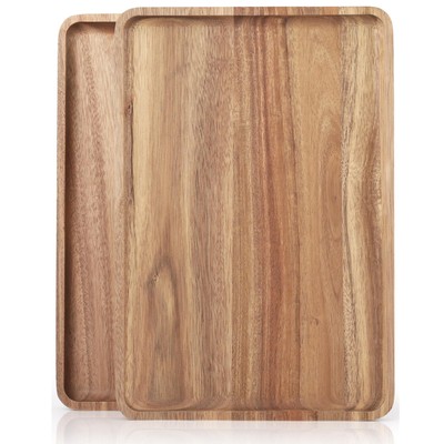 2 PCS 16 x 12 in Large Solid Acacia Wood Serving Trays Rectangular Wooden Ser...