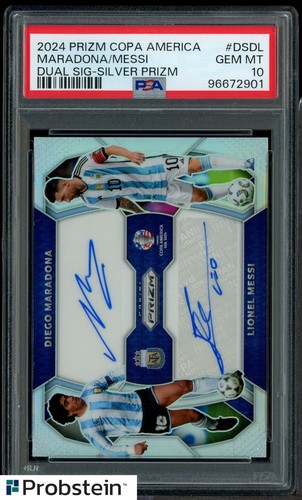 2024 Panini Silver Prizm Lionel Messi Diego Maradona Dual AUTO /10 PSA 10