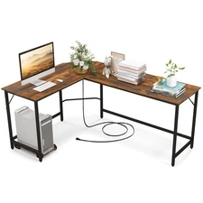 L-shaped Gaming Desk Computer Desk w/ CPU Stand Power Outlets Rustic Brown