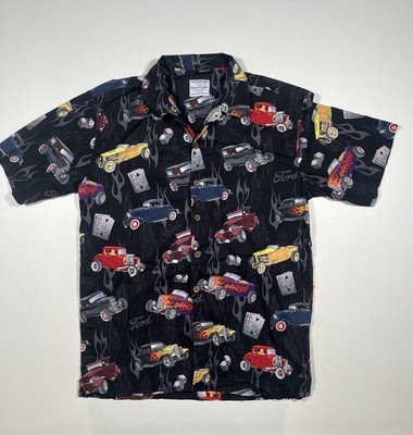 Ford Hot Rod Shirt Mens Large Black David Carey Hawaiian Cars Flames Dice