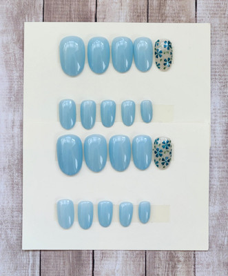 Custom Press On Gel Nails Handmade Blue Floral2 Accent Oval Short 20 Tips