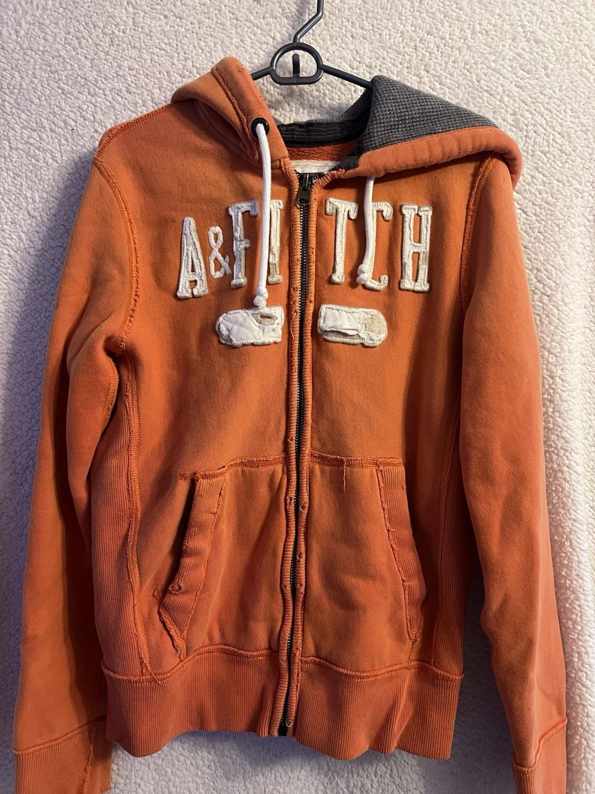 Y2k Abercrombie & Fitch Orange Zip Up Thermal Hoodie Men’s Small Distressed