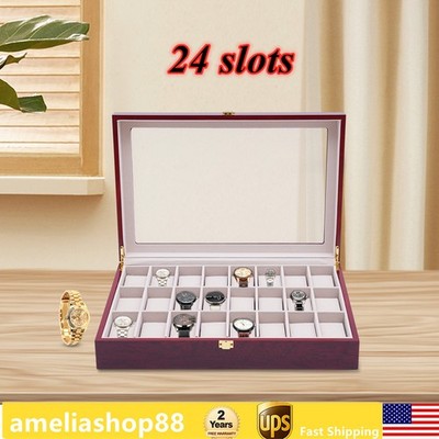 24 Slot Wood Box Watch Holder Storage Display Case Jewelry Large ...