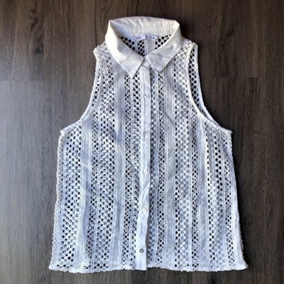 Zara Crochet Collared Top White Size S Retro 60s Mod Layer Tennis Prep Retro Fun