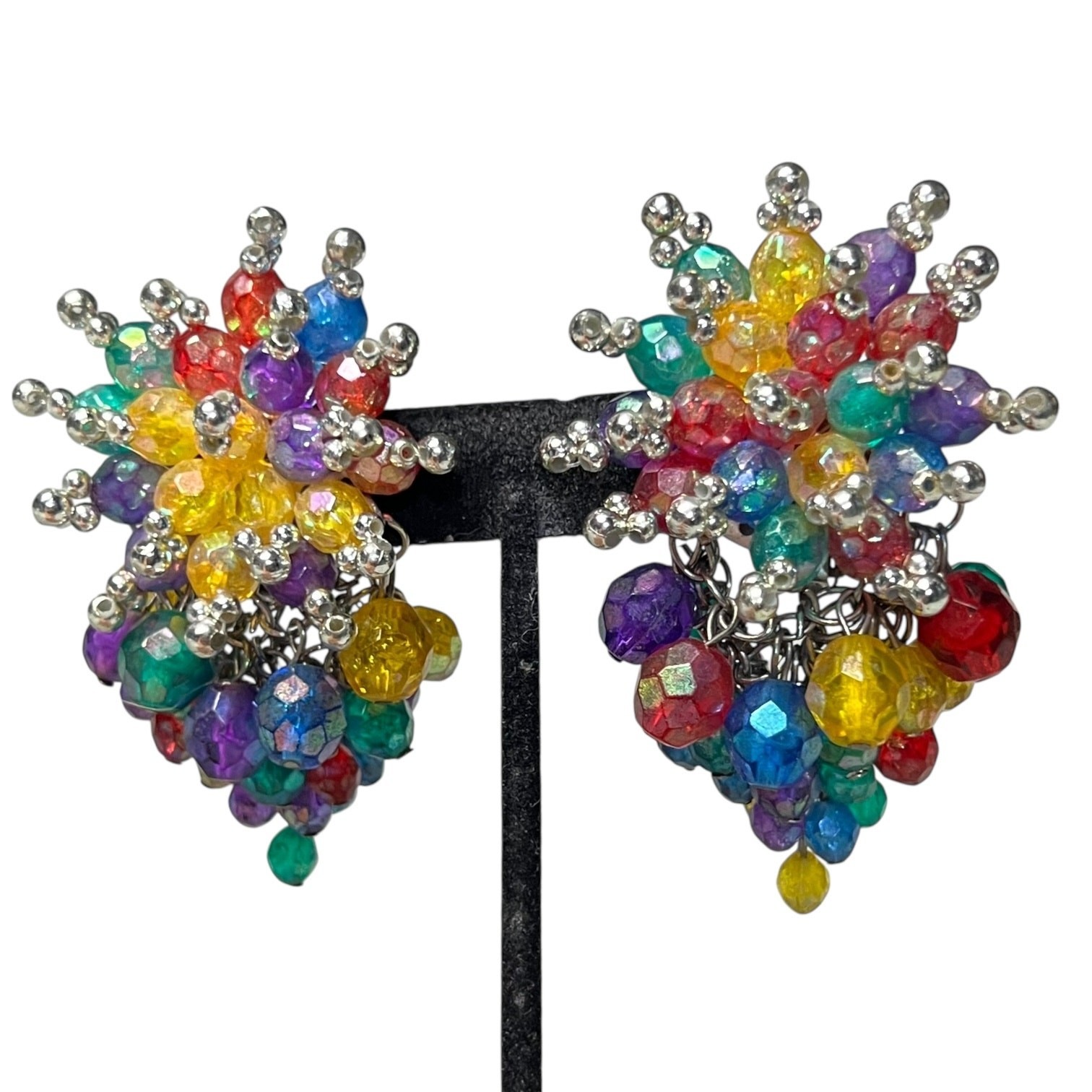Rainbow Beaded Crystal Cluster Statement Earrings… - image 1