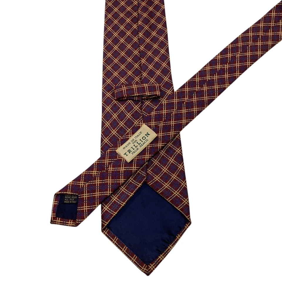 Corbata TRILLION PALM BEACH Hombre Seda XL Diseñador ITALIA CUADROS Borgoña/Dorado Usada en Excelente Condición Foto 3 de 3